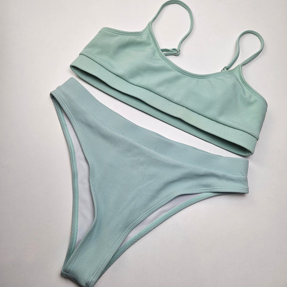 Shein Ribbed Bikini Set L Mint Green High Waist - Picture 2 of 8